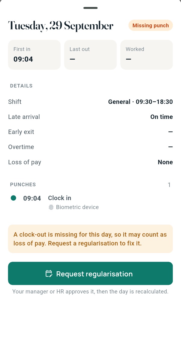One day in detail with each punch and a regularisation button
