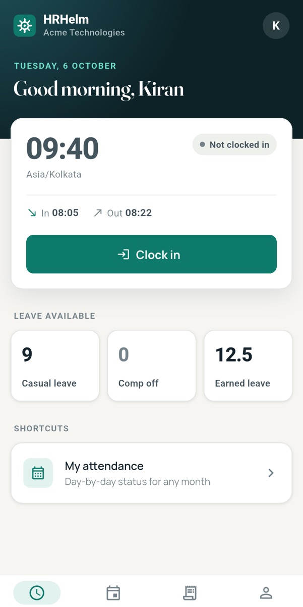Today screen: live clock, clock-in status and leave balances