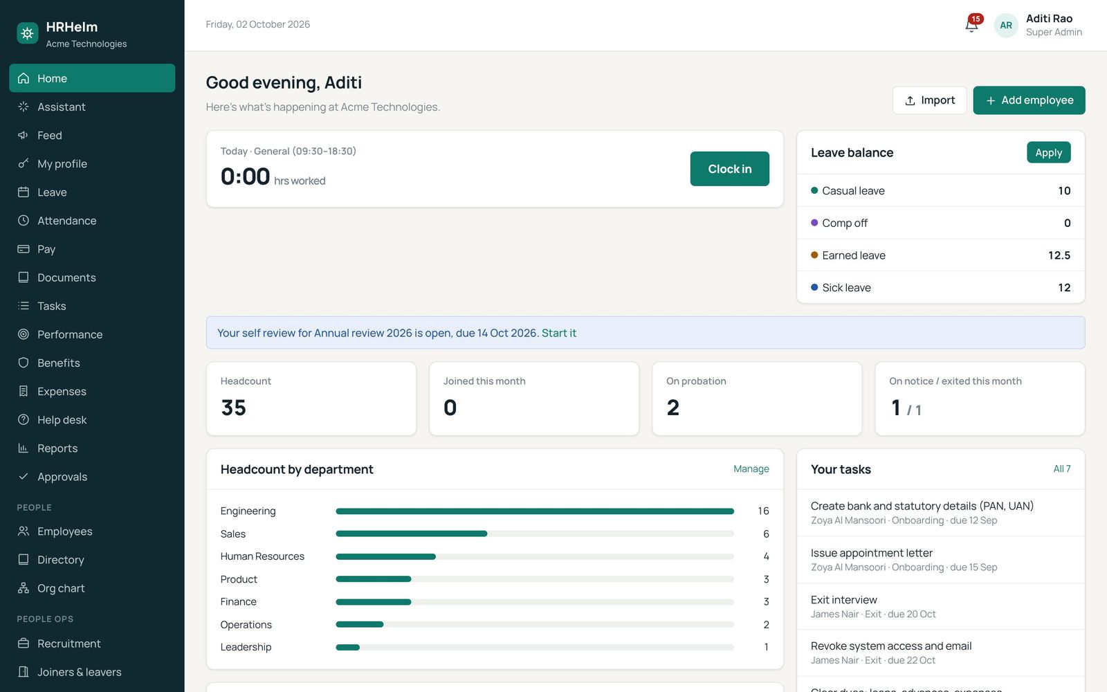 HRHelm dashboard with clock-in, leave balance, headcount and latest payslip