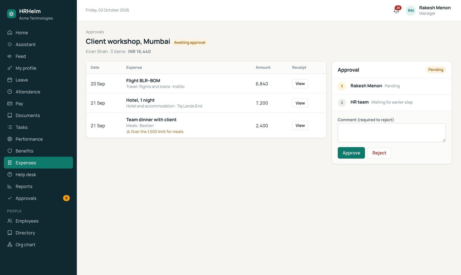 Claim with receipts and policy flags