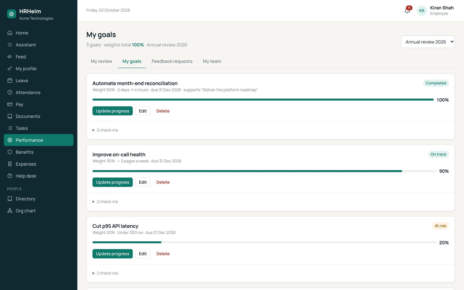 Goals with progress and check-ins
