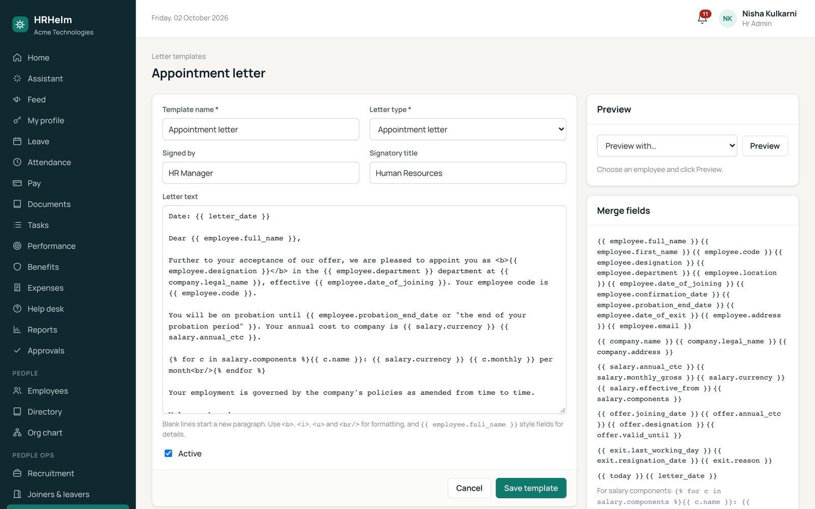 Letter template editor with preview