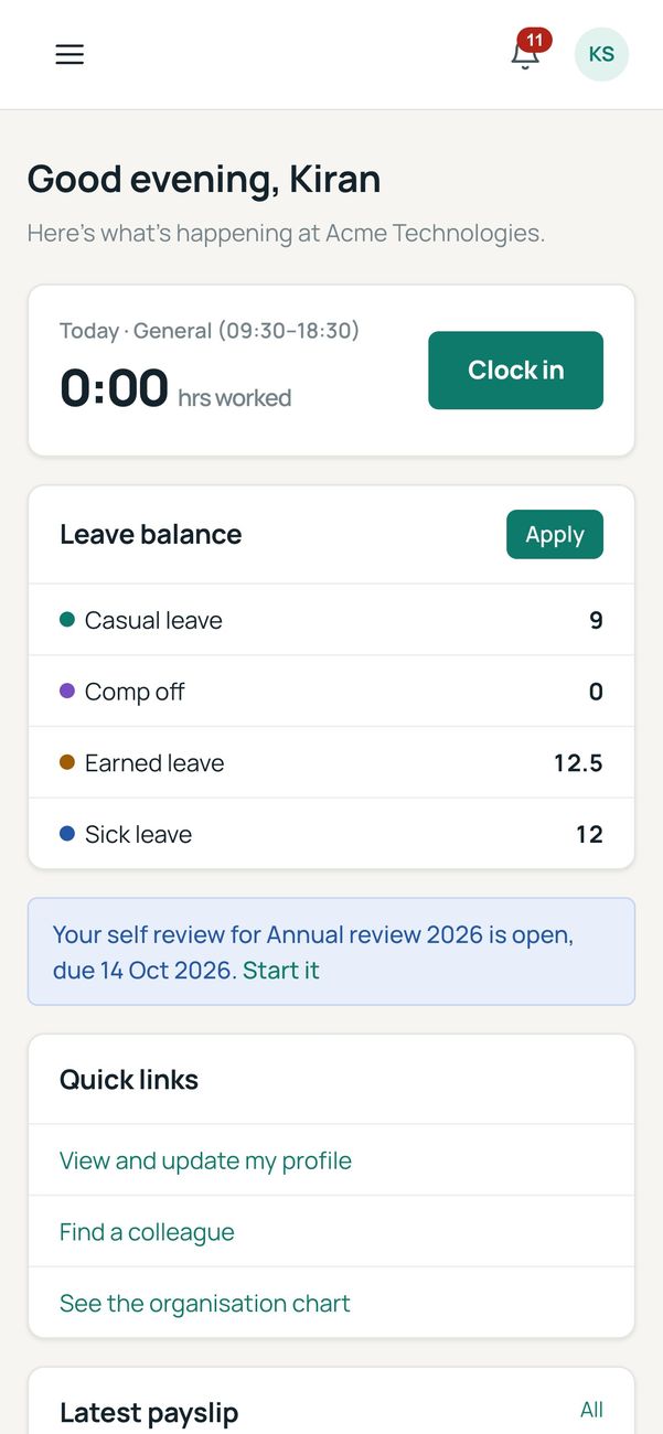 Employee home screen on a phone