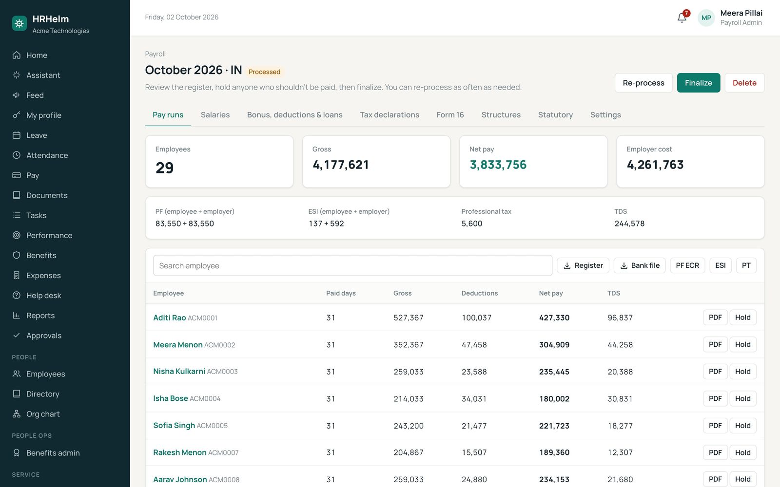 Payroll screen