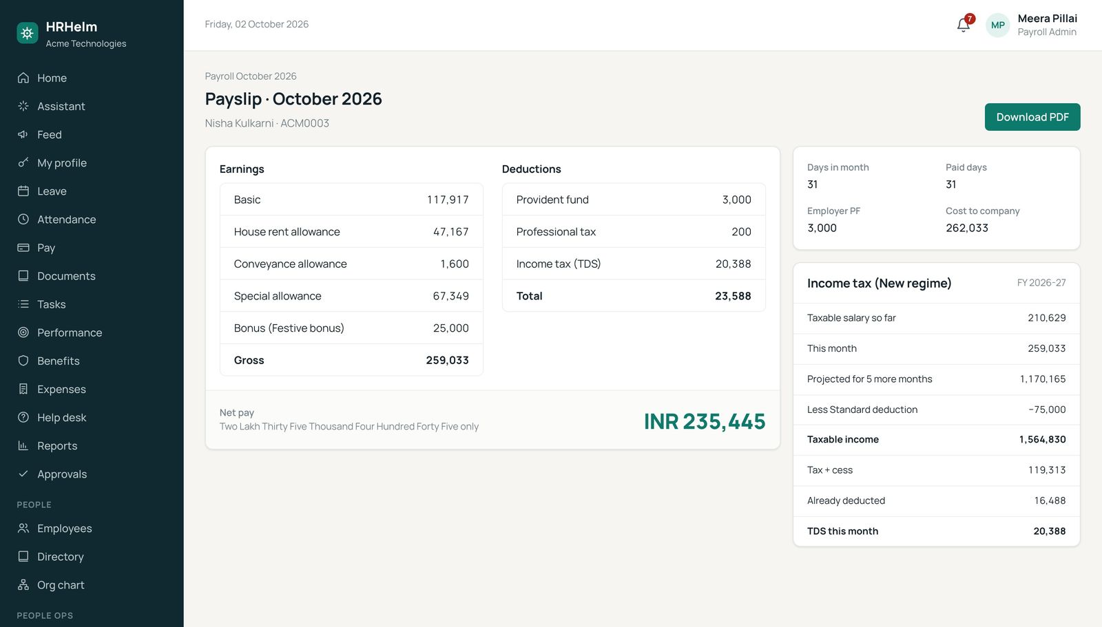 Payslip with earnings, deductions and income-tax worksheet
