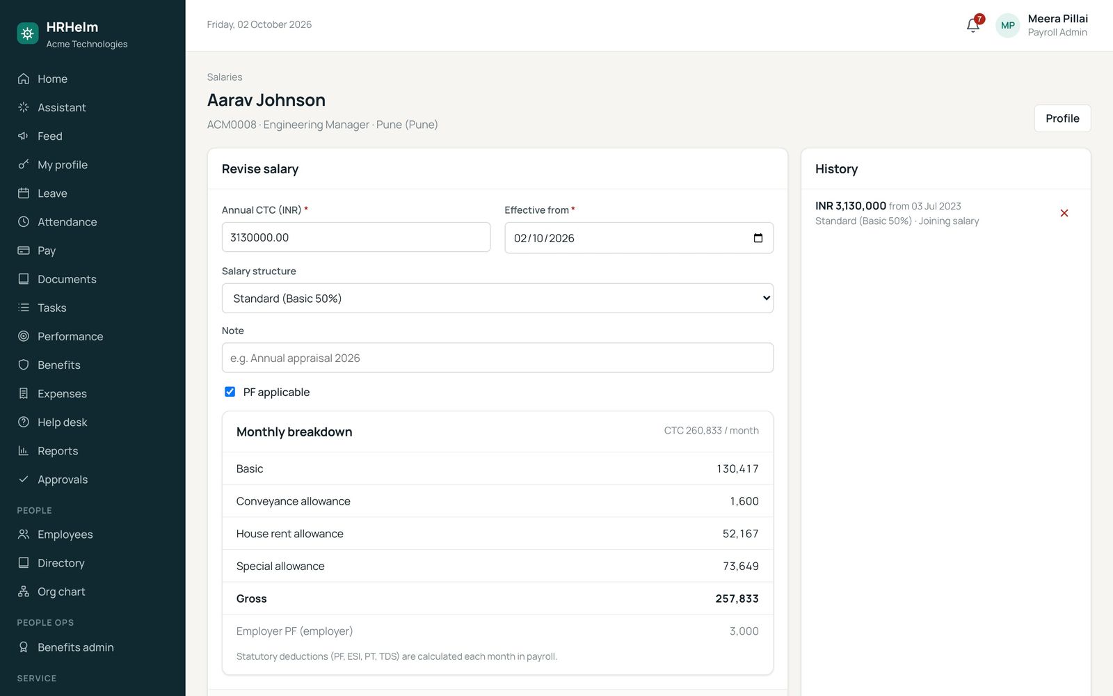 Salary revision with live breakdown